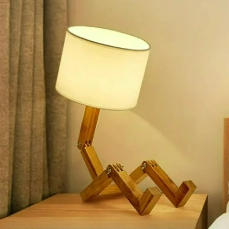 Wooden Robot Shaped Desk Lamp with 3 Color Dimming Button Switch Living Room Study Reading Light Bedroom Bedside Night Light