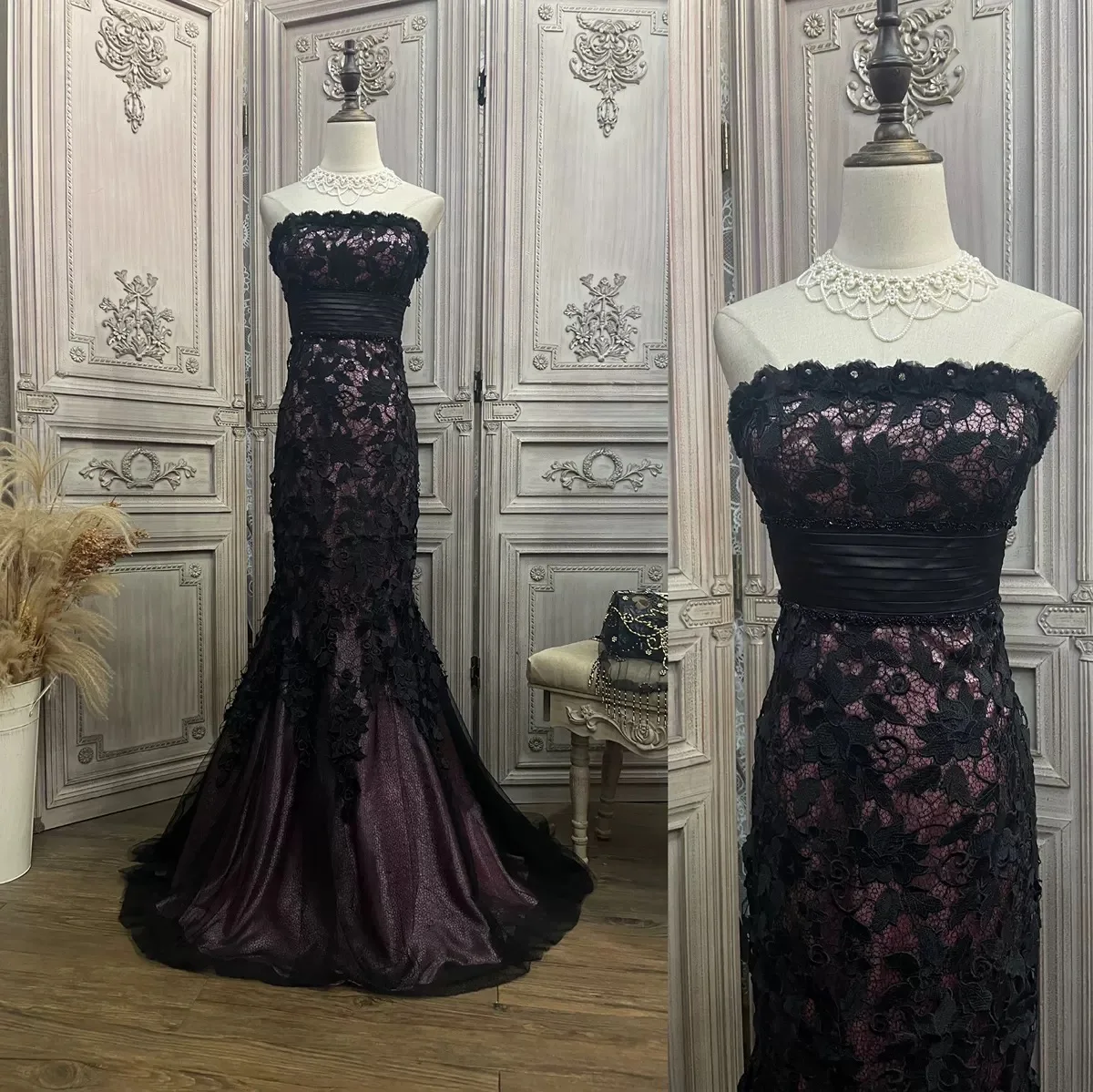 

Gothic Black Purple Celebrity Dresses Embroidery Lace Applique Sleeveless Backless Vintage Fishtail Wedding Prom Gown