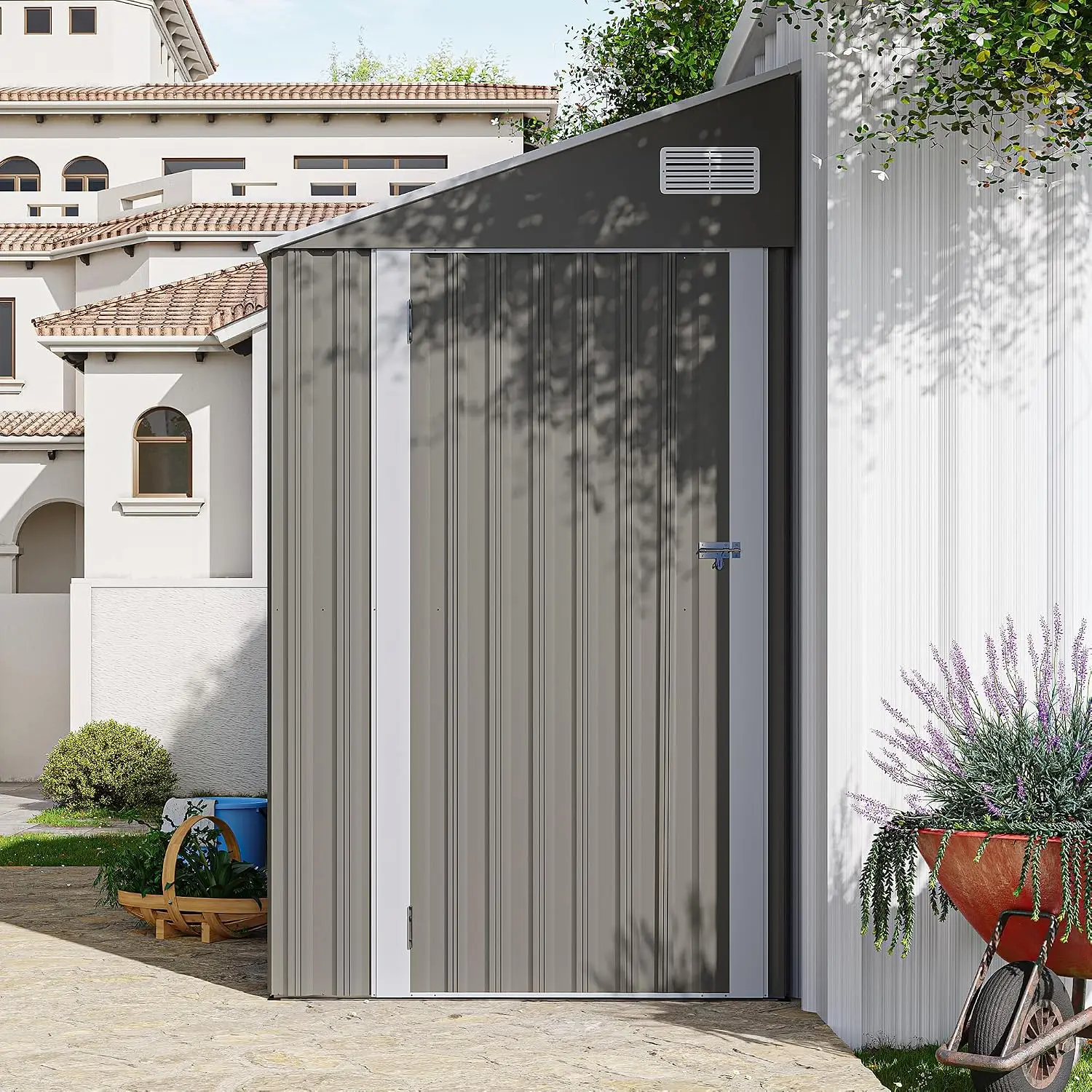 Metal Storage Shed 4x8 FT Waterproof UV Resistant Sloped Roof Hinge Door Ventilation Window Outdoor Garden Backyard, Customized