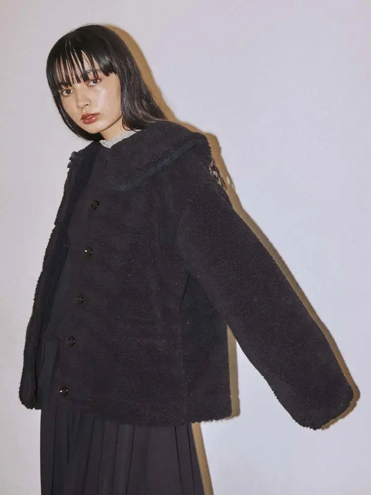 和風フェイクファーコート,無地,人形の襟,シングルブレスト,紫のジャケット,冬服,ソフト