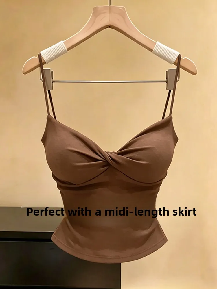 Trendy Knot Strap Vest Women Summer Outerwear Inner Match Pad Integrated Slim Fit Short Top V-neck Casual Business Yoga Travel