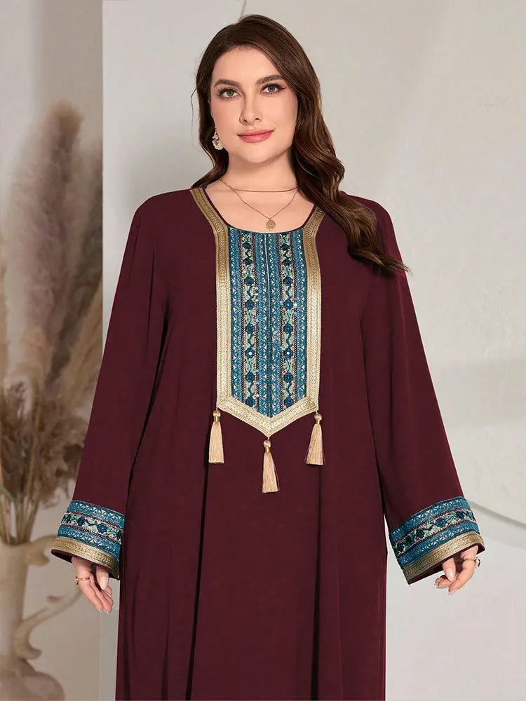 حجم كبير قفطان شرابة التطريز عباية دبي عيد رمضان المرأة فستان مسلم ملابس إسلامية رداء عربي قفطان المغرب فيستدوس