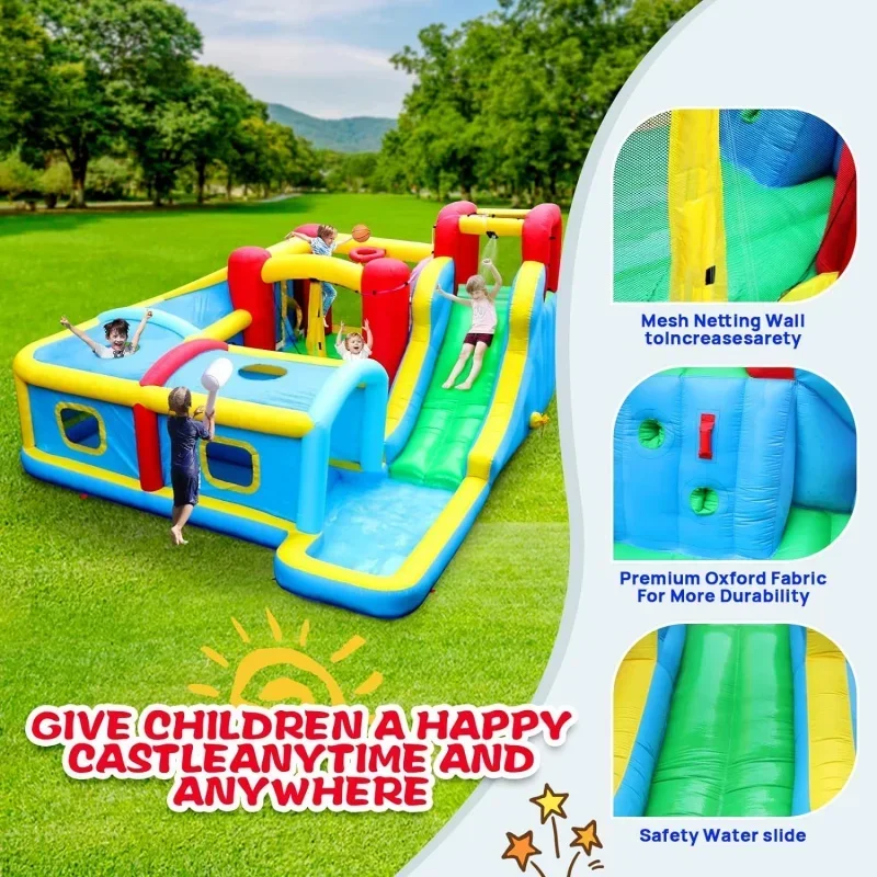 Inflatable Water Slide Park with Blower, Bouncy Castle with Slides Rock Climbing Area Wading Ball Pool Tunnel Trampoline Whack a