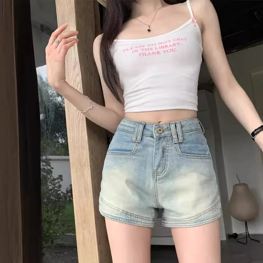 

Blue High Waist Denim Shorts Stretchy Raw Hem Jeans Hot Pants Straight Leg Shorts