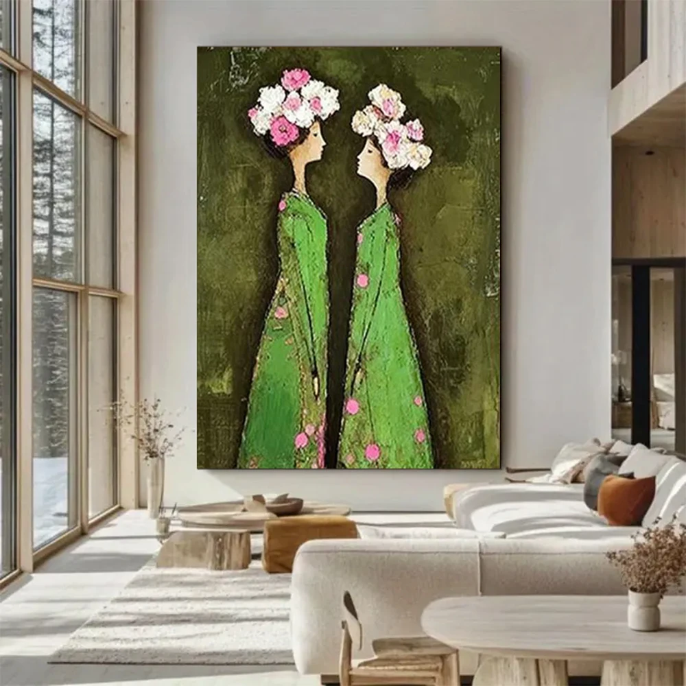 peinture-a-l'huile-abstraite-100-faite-a-la-main-sur-toile-fille-portant-une-couronne-de-fleurs-image-d'art-murale-pour-la-decoration-de-la-maison-et-du-salon