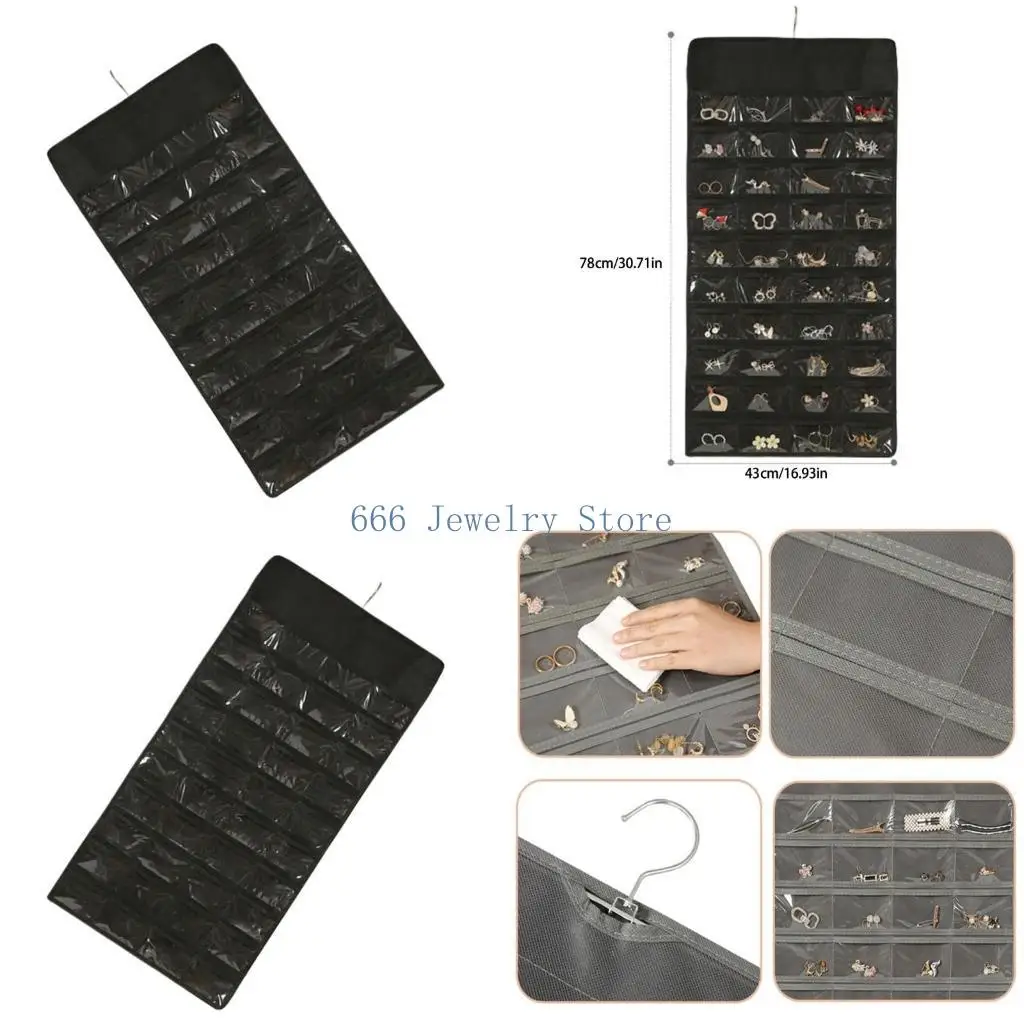 

F2TD Soft Black Jewelry Organizers Bag Practical Jewelry Pouches with 48 Divided Pockets Foldable Jewelry Storage Bag