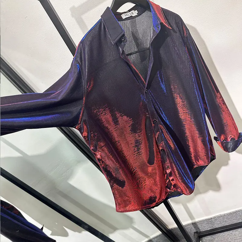 Design Sense Retro Dark Metal Color Changing Loose Long Sleeve Shirt Avant-Garde High Nightclub Stage