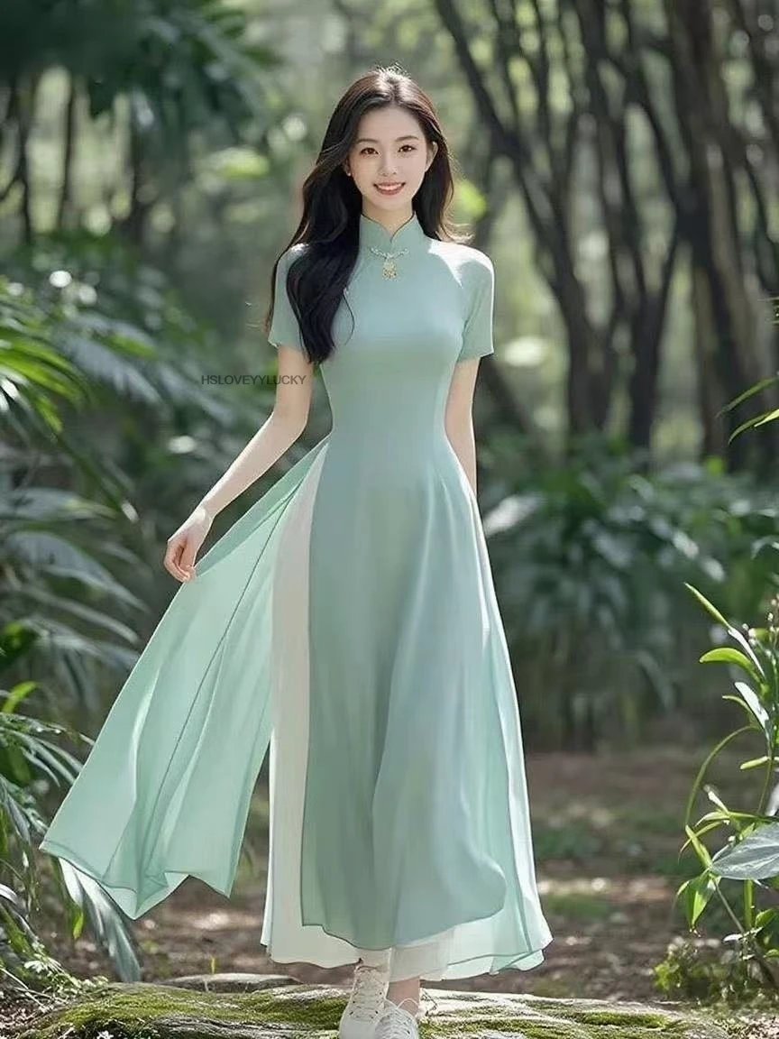 ملابس النساء Aodai Vetnam طويلة شيونغسام Aodai الفيتنامية التقليدية فستان المرأة رشيقة تشيباو الشيفون آو داي