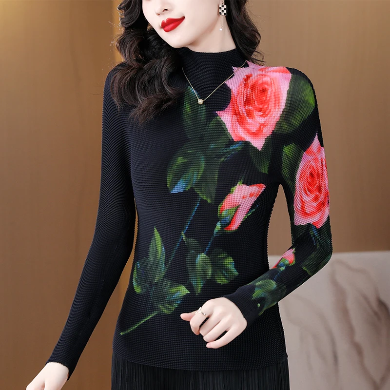 

2023 New Spring Summer Women Long Sleeve Loose Elastic T-shirt High Quality Fashion Flowers Print Miyake Pleated T-shirt