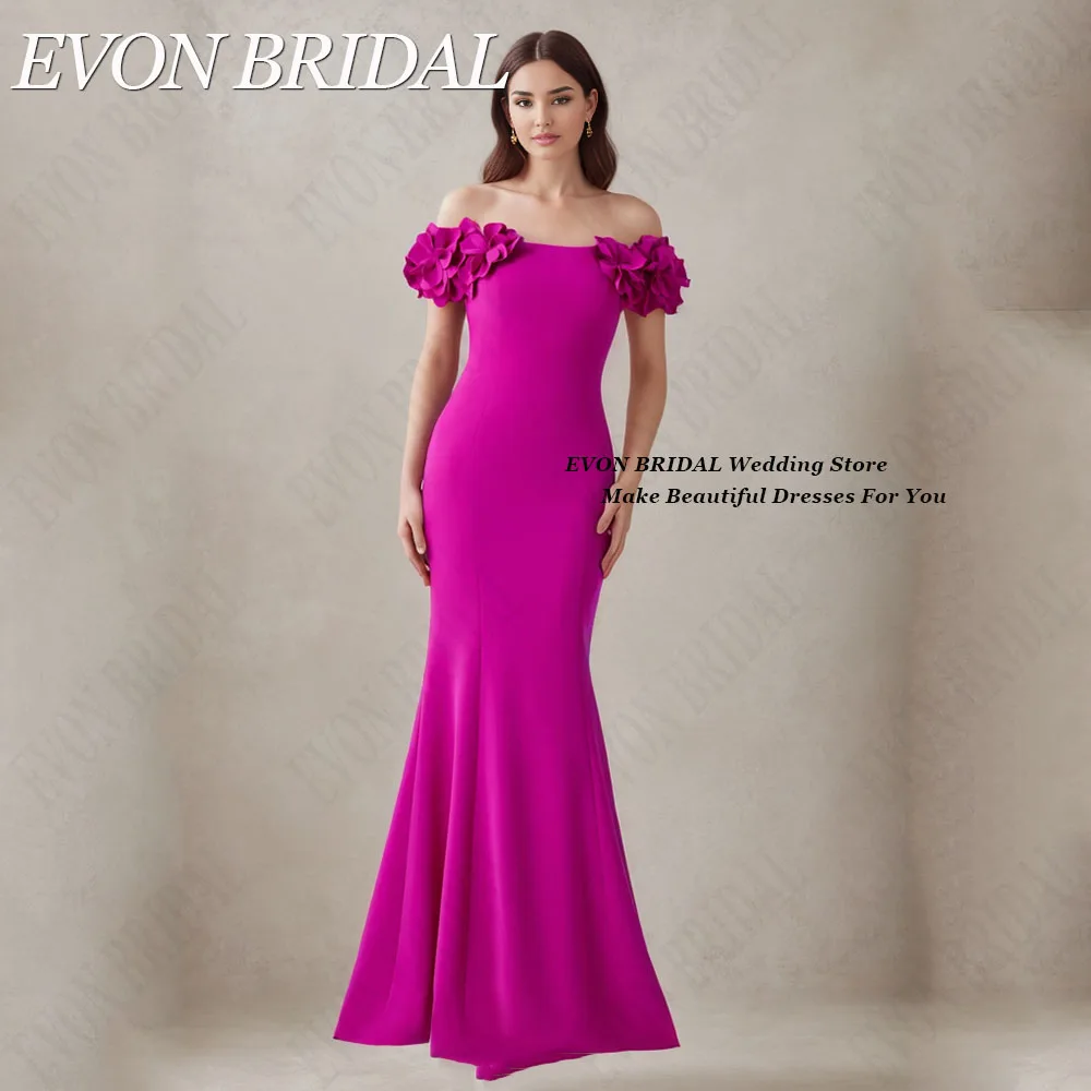 

EVON BRIDAL Fuschia Flowers Evening Gowns Off Shoulder Mermaid Satin Elegnat Vestido De Noche Elegante Mujer Floor Length Custom