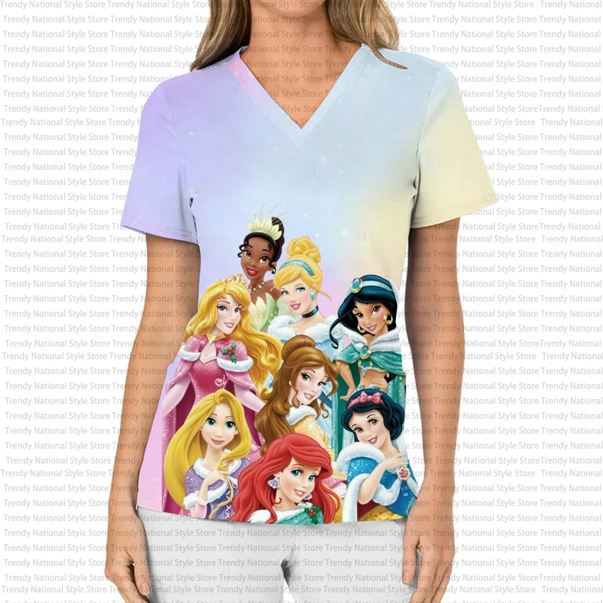 Summer Commuter Outfit Disney Princess Print Women's Nursing Gown V-neck Pocket Frosted Top Hospital Nurse and Caregiver T-shirt