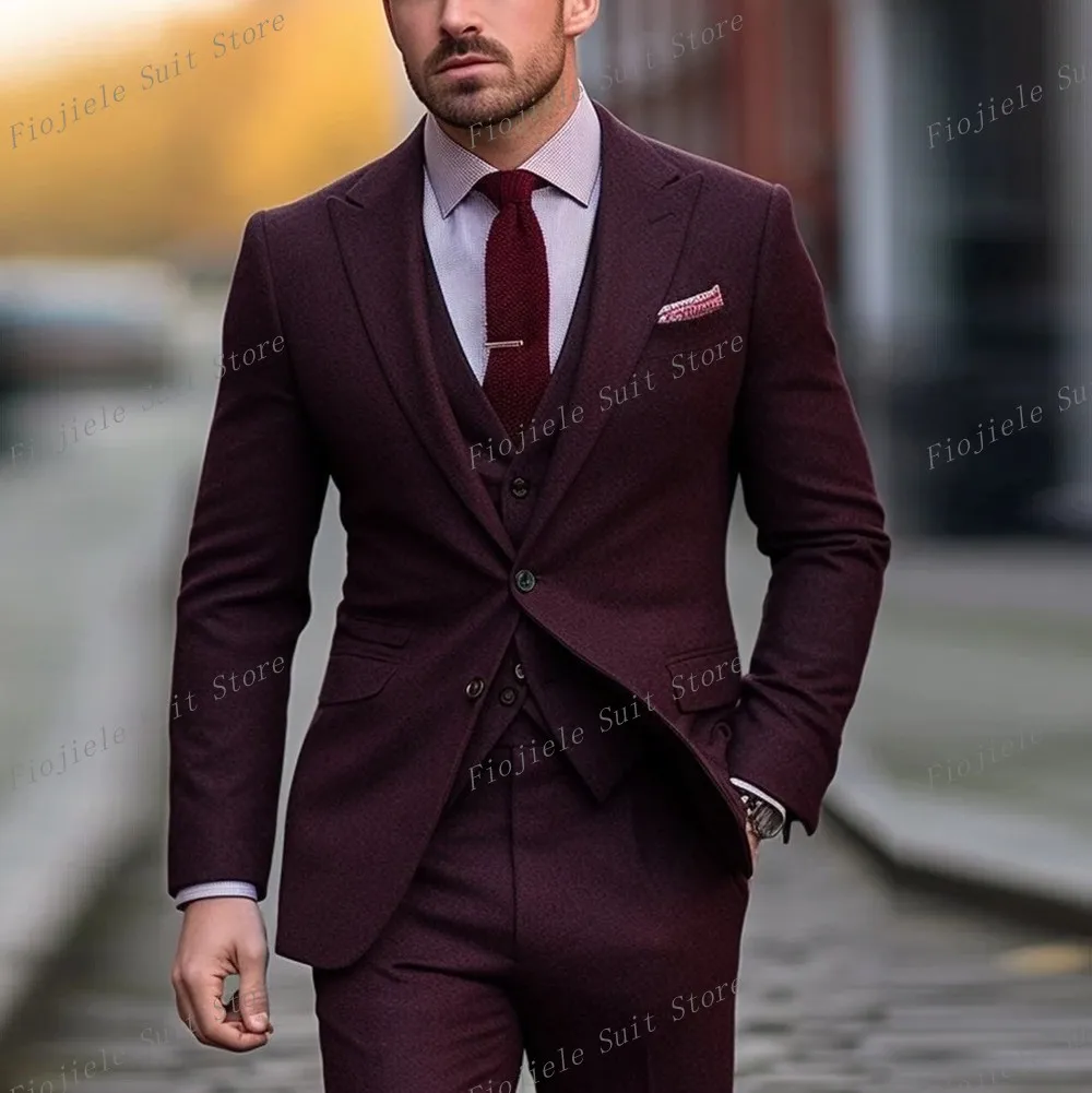 

New Burgundy Groom Groomsman Men Suit Wedding Party Formal Occasions Business Male Tuxedo 3 Piece Set Jacket Vest Pants