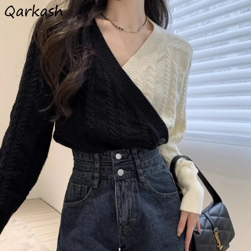 

Pullovers Women Panelled Patchwork V-neck Button Design Fashion Tender All-match Leisure Korean Style Temperament Elegant Autumn
