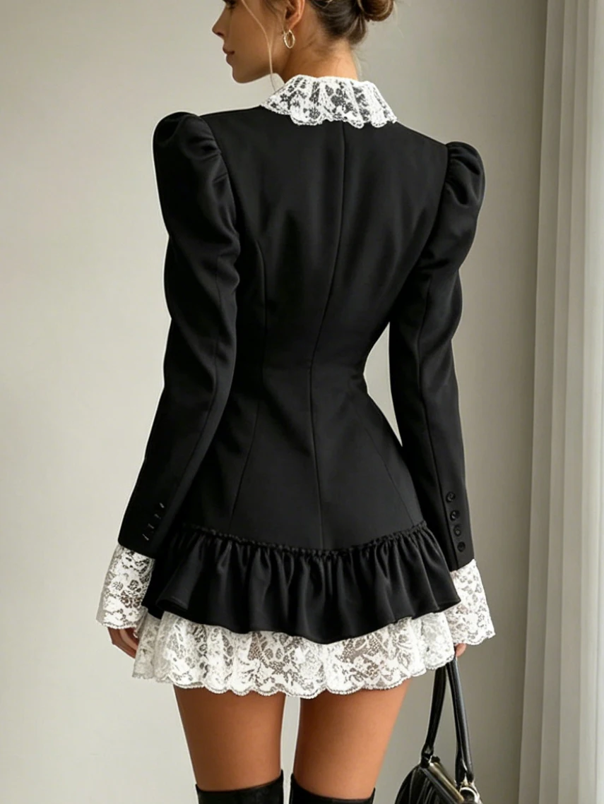 Frühling Herbst Spitzenbesatz Doppelreihiger Blazer Minikleid, Schulterpolsterung Rüschensaum Schlankes Bodycon-Kleid für Damen Date Club Party – Detail 2