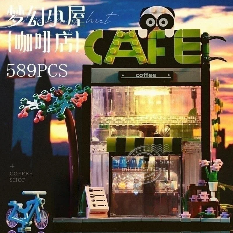 Coffee Shop House Building Blocks with Led Light Diy City Street View Creative Architecture Bricks Model Kid Toys for Girls Gift