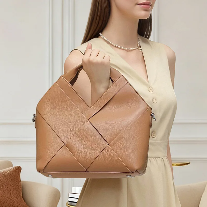 

New Top Layer Cowhide Handbag Inverted Triangle Design Soft Leather Light Luxury Genuine Leather Single Shoulder Woven Bag