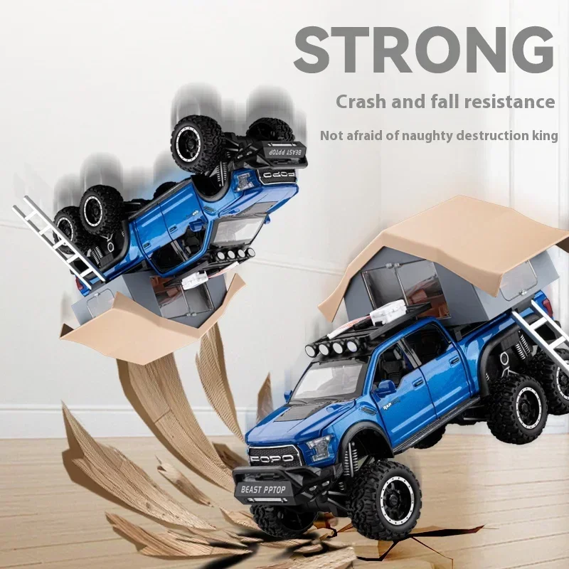 1:24 Ford Raptor F150 Camping RV Off Road Pickup Truck Alloy Metal Diecast Model samochodu Dźwięk i światło Seria Zabawki Prezenty dla dzieci