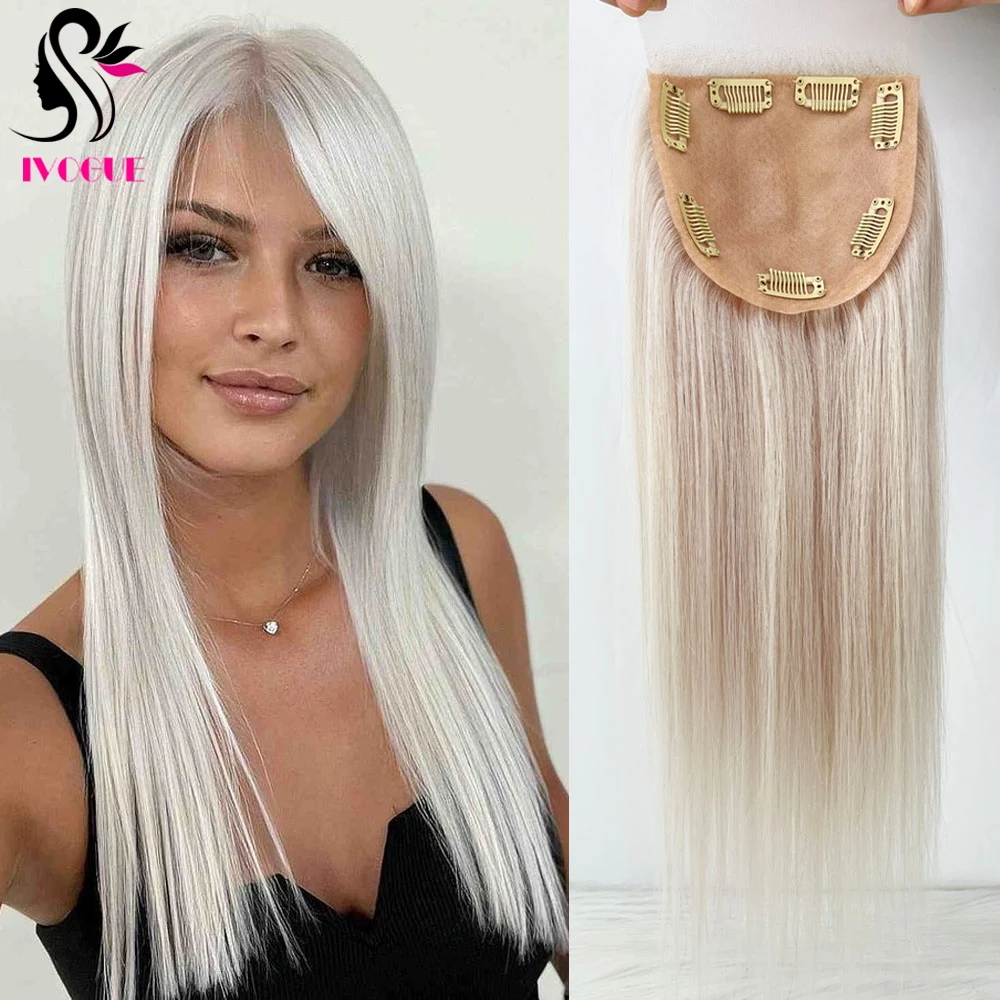 #60 Platinum Blonde Human Hair Silk Top Closure 5x5inch Silicone Skin Base Topper with Transparent Lace Baby Hair Piece Clips in