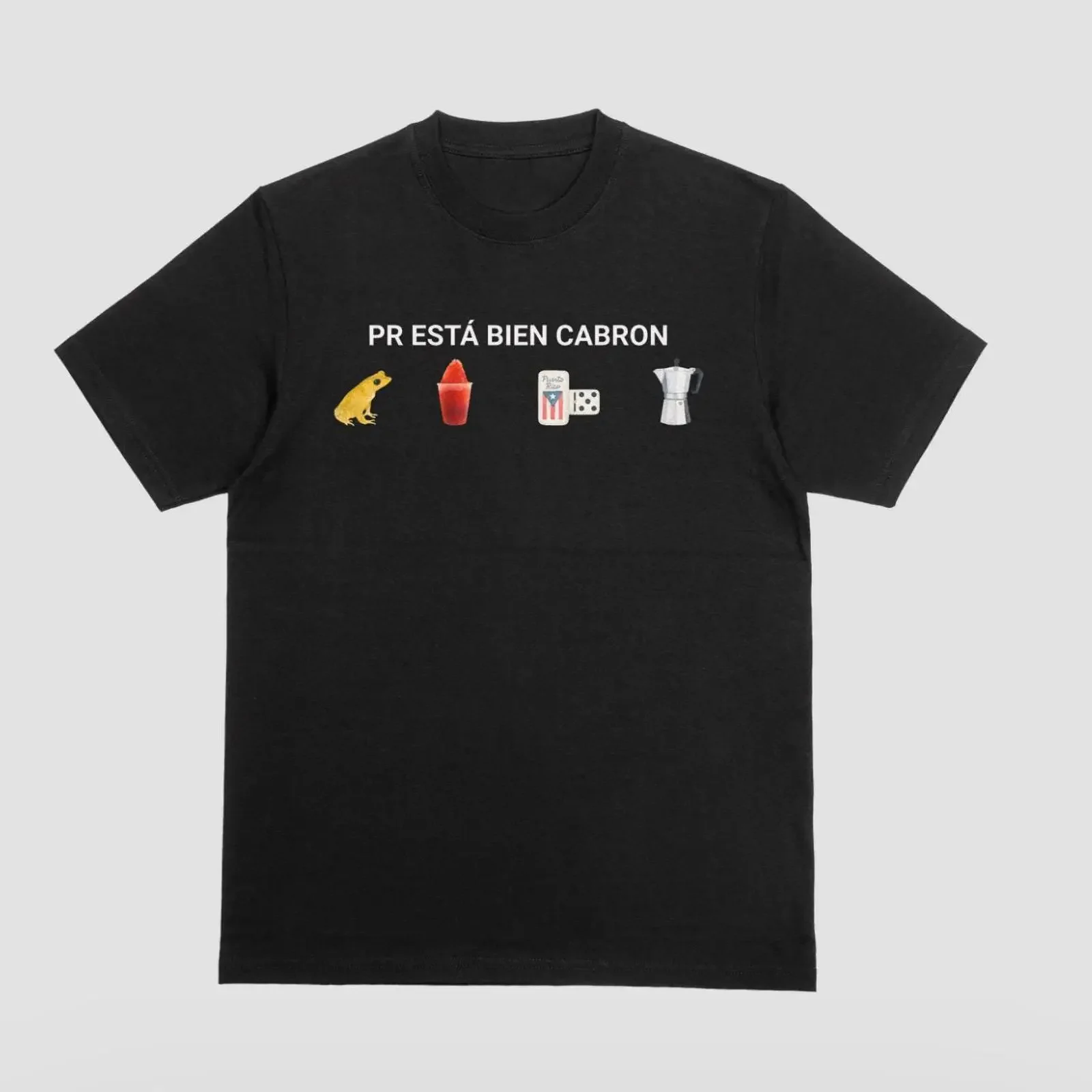Black PR Está Bien Bastardo T shirt Design with Coquí Piragua Domino and Coffee Maker Puerto Rican Pride vintage Washed Stylish