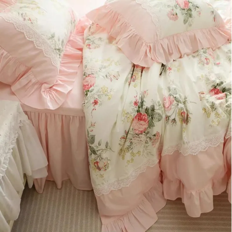 Luxury Princess Lace Ruffles Duvet Cover Set Egyptian Cotton Bedding Sets Home Textile Bed Skirt  Pillowcases Queen King Size