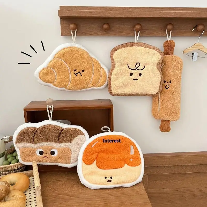 Kawaii Bread Hand Towel Thick Absorbent Coral Fleece Hanging Towel For Kitchebn Bathroom Handkerchief Cleaning Cloth Hand Wipe