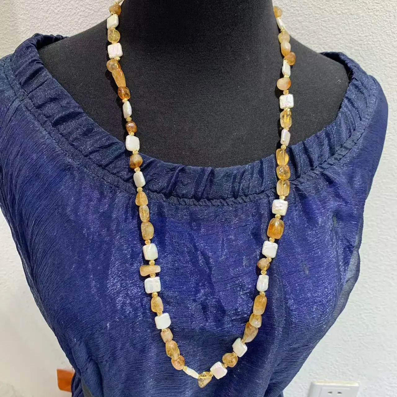 

natural fresh water pearl and semi-precious stone mixed necklace long chain copper clasp fashion women jewelry