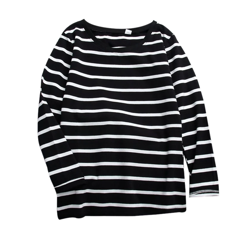 Women Loose Stripes Print Top Autumn Round Collar Long Sleeve Casual Simple Wild T-Shirt Female Black White Cotton Top Tee Shirt