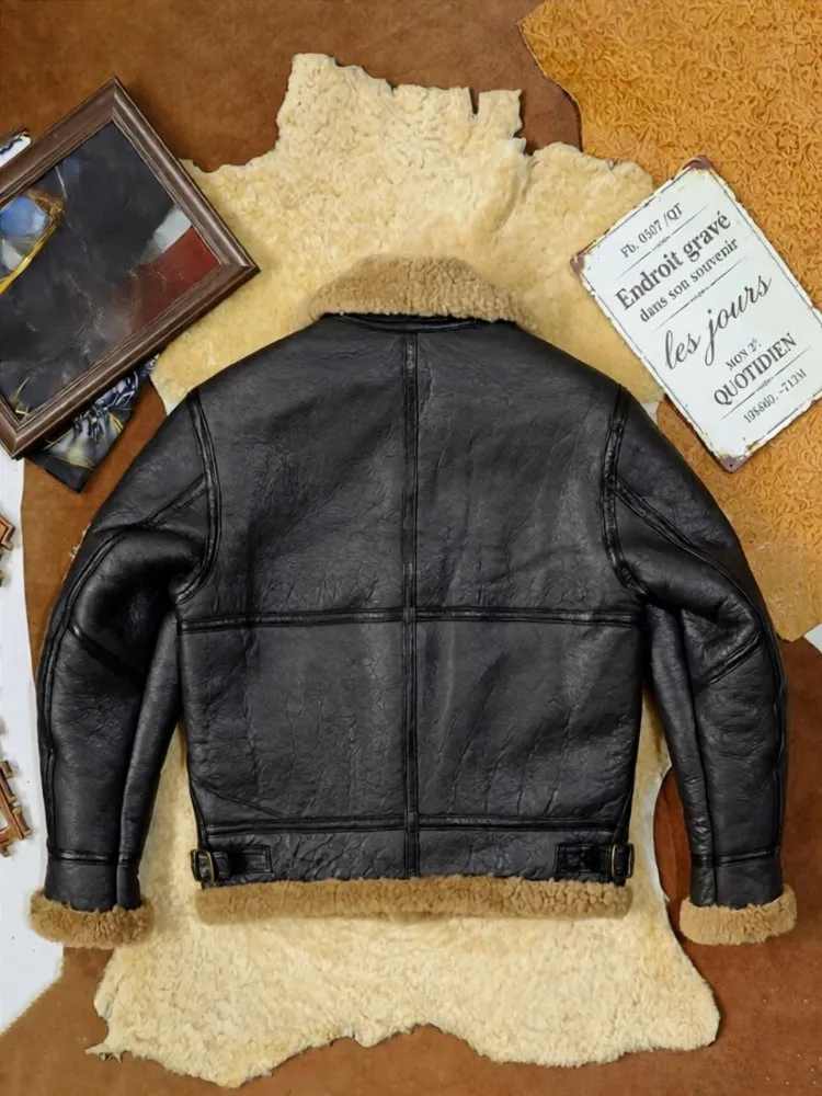 Retro Thick Warm Mens Real Wool Fur Jacket Winter Natural Sheepskin Moto Coats Outerwear Males Casual Genuine Leather Jackets
