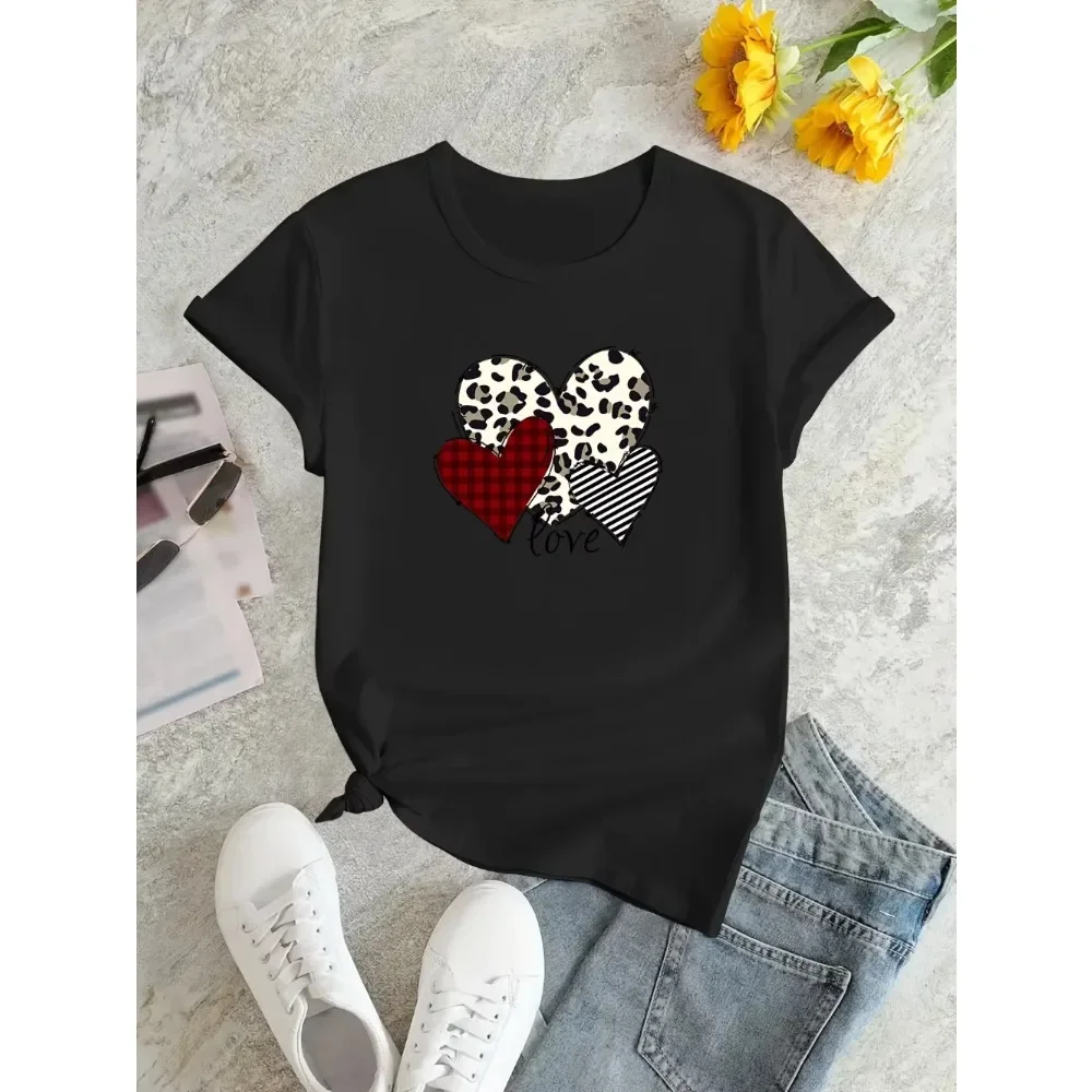 Summer Heart-shaped Love Pattern Printed T-shirt Versatile Short-sleeved Round Neck Top Men's and Women's Aesthetic Clothing