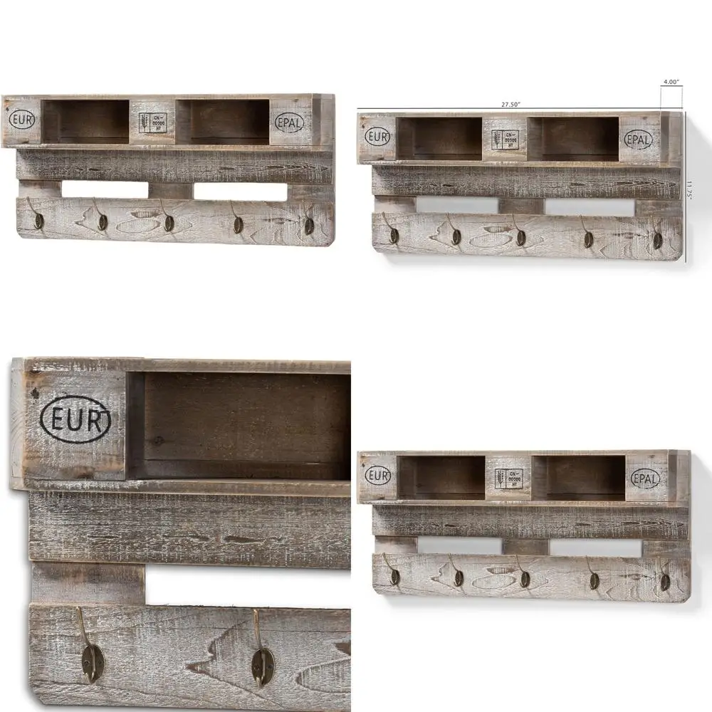 

Настенная вешалка для одежды из серого дуба в деревенском стиле с полками, окрашенная под белый цвет