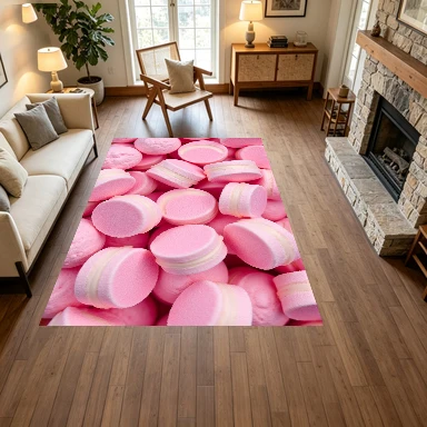 Pink Macaron Sweet Candy Dessert Carpet Flooring, Cute Food Non-Slip Floor Rug for Living Room Bedroom Kids Room Home Decoration