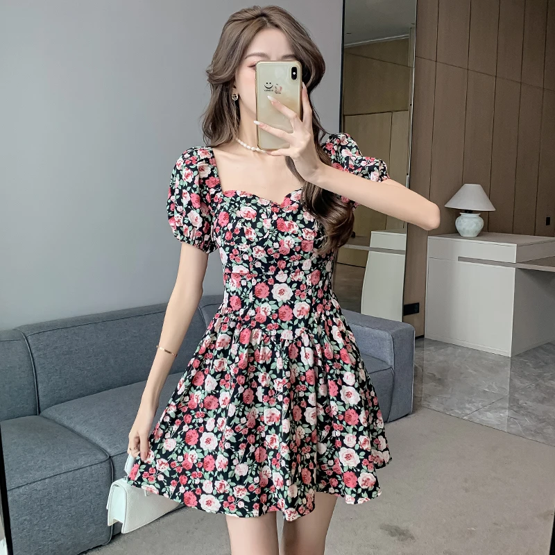 2024 New Summer Women Sexy Square Collar Short Sleeve Slim Mini Dress Korean Fashion Short Stature Girls Sweet Floral Dress