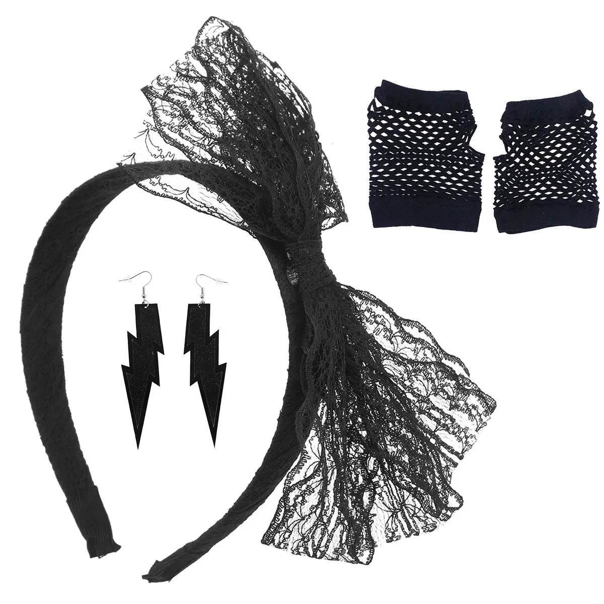 Set Accessori Anni '80: Fascia per Capelli in Pizzo, Guanti a Rete Neri Senza Dita, Orecchini Neon, Costume per Feste, Disco, Halloween, Cosplay