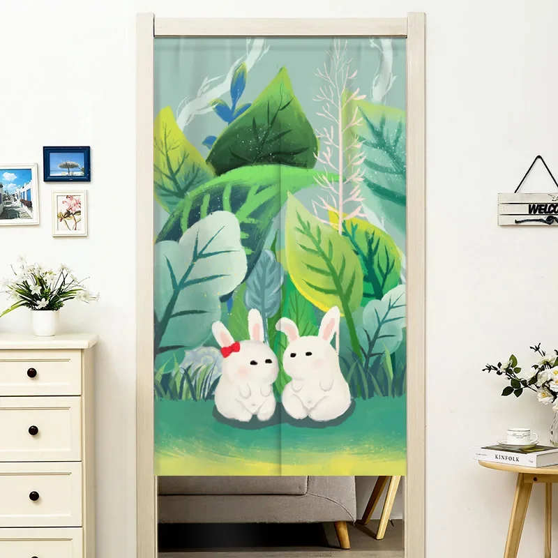 Kawaii Bunny Green Leaves Door Curtain Cartoon Rabbit Doorway Partition Curtain Kitchen Bedroom Entrance Hanging Half-Curtain