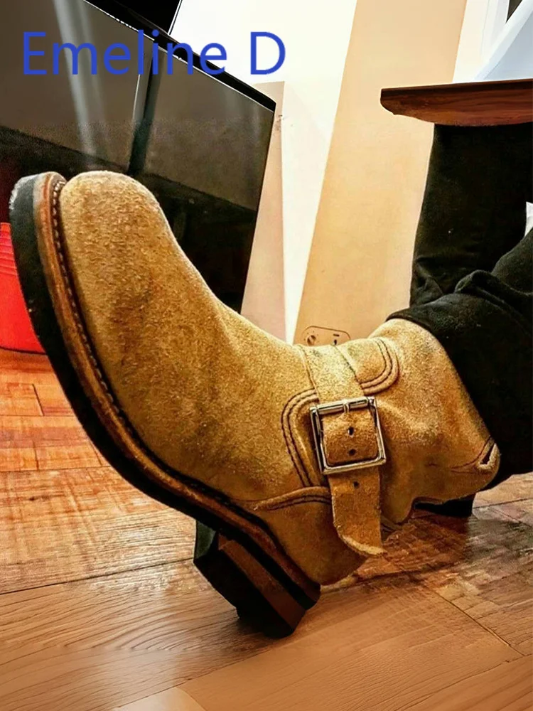 

Brush Colored Belt Buckle Short Boots Fashionable Retro Thick Heeled Knight Boots Height Increasing Sleeve Motorcycle Boots