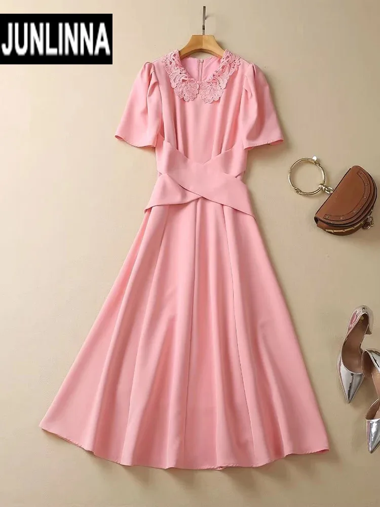 JUNLINNA Fashion New Princess Dresses Summer High Street Chemical Lace Turn-down Collar Pink Sliming Vestidos Party Vacation