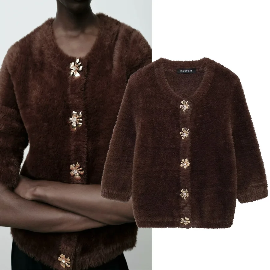 معطف محبوك بتأثير الفرو الاصطناعي من Faionable للنساء Ele Quali محطة مستقلة للرياح طويلة Sve مستديرة Ne