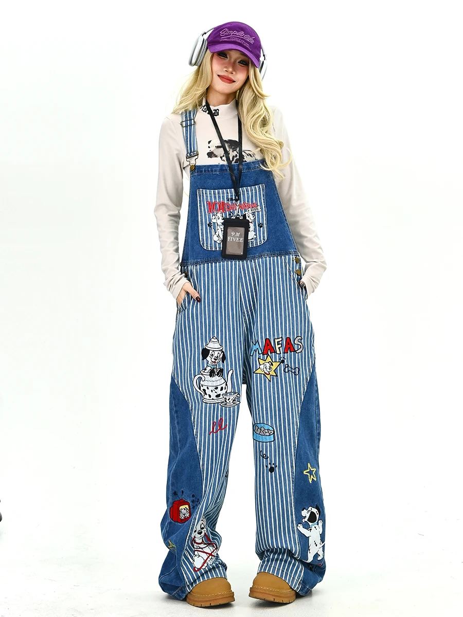

Striped Cartoon Denim Overalls Women's Loose BF Korean Street Sle Floor-Length Pants Spring 2026 l Waist Zipper Closure