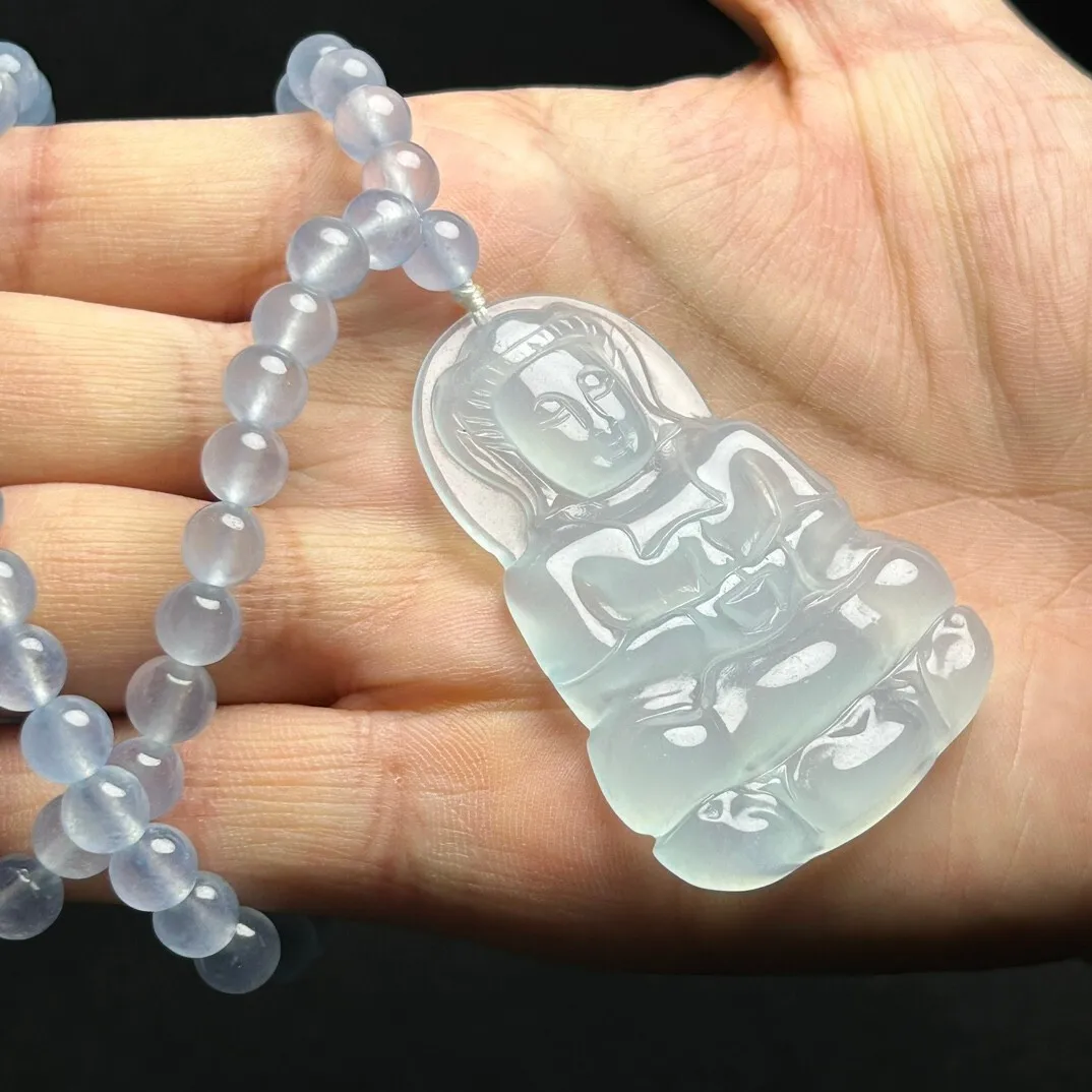 

Certified Natural Ice Green jade Jadeite Carved Guanyin Pendant & Necklace Guanyin
