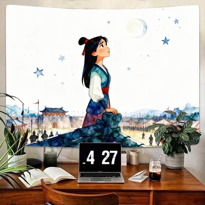 

1 шт. Мулан китайский воин принцесса гобелен эстетическая акварель Звездная луна полиэстер настенное искусство домашний декор гостиная спальня G