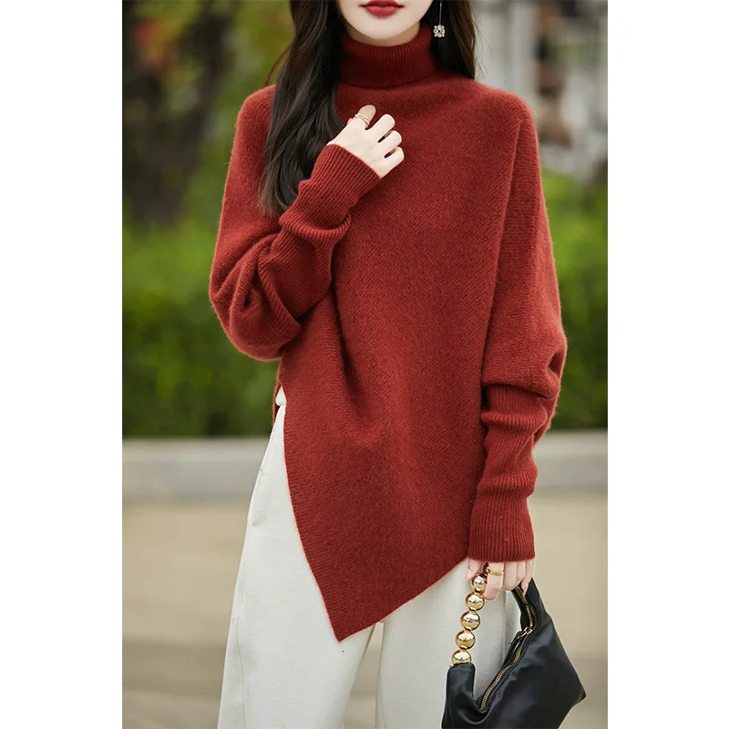 

High Neck Long Sleeved Solid Color Wool Sweater For Women's Autumn Winter French Fashion Turtle Diameter Jumper Loose Knit Shawl