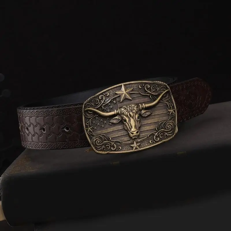 652f Vintage -Metallschnalle für Männer gravierter Bullenkopf Taillengürtel für Hosen Ethnischer Gürtelverschluss