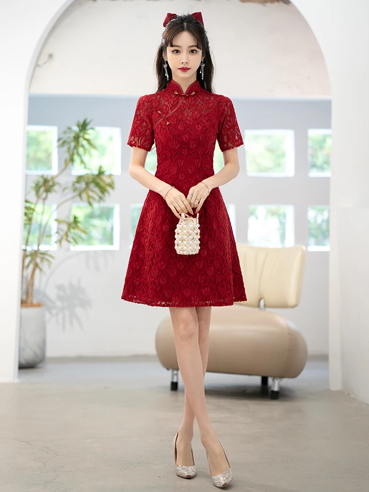 

Красное платье для помолвки и свадьбы для невысоких женщин, летнее, модное, в стиле ретро, с завышенной талией