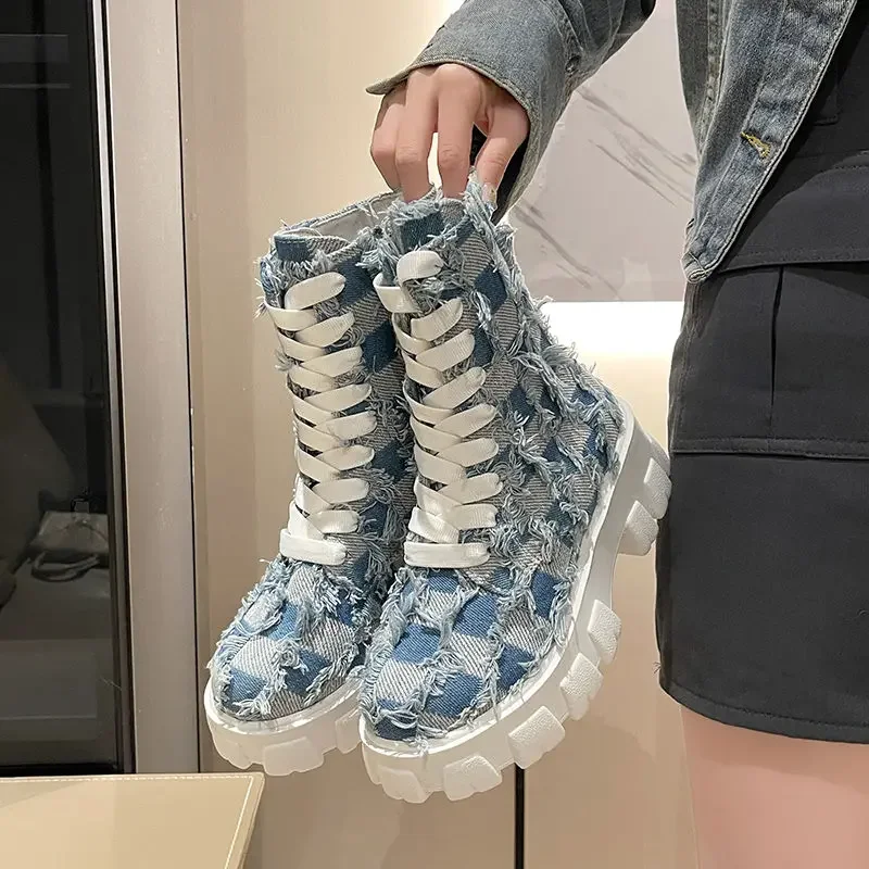 

Booties Chunky Cowboy Autumn Cowgirl Platform Denim Women's Ankle Boots On Promotion Winter 2024 High Quality Female Short Shoes