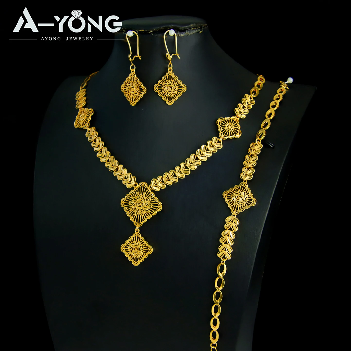 Luxuriöses Dubai Brautschmuck-Set 21k Vergoldet Nigeria Elegante Halskette Armband Ohrringe Arabischer Frauen Party-Schmuck – Detail 32