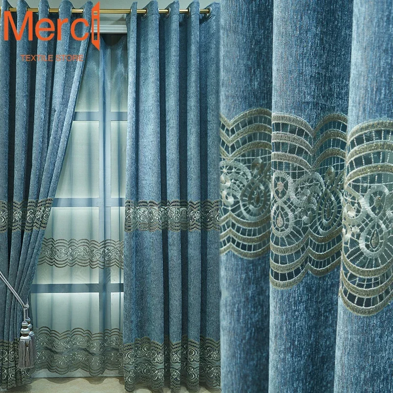 European Style New Embroidered Chenille Curtains Water-soluble Hollow Villa Curtains for Living Dining Room Bedroom Custom