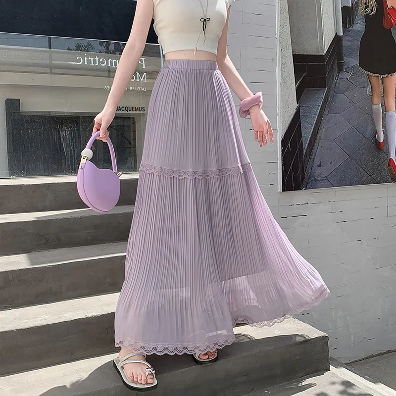 

Summer New White Moonlight Lace Chiffon Skirt for Women New Elegant Versatile Pleated A-line Long Chic Grace Skirt