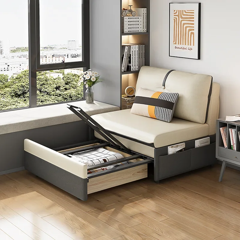 Minimalist technology fabric sofa bed, dual-purpose balcony, study room, multifunctional pull-out single and double storage,