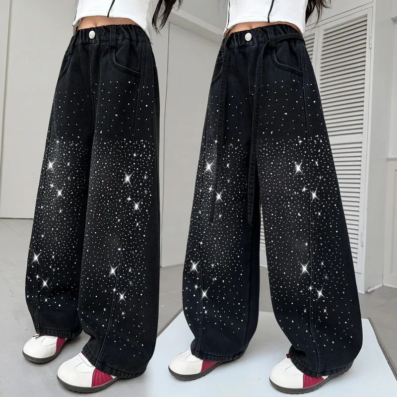 Girls Spring Autumn Jeans New Teens Children's Sky Full Star Rhinestone Loose Wide Leg Denim Pants Fashion Curved Knife Trousers