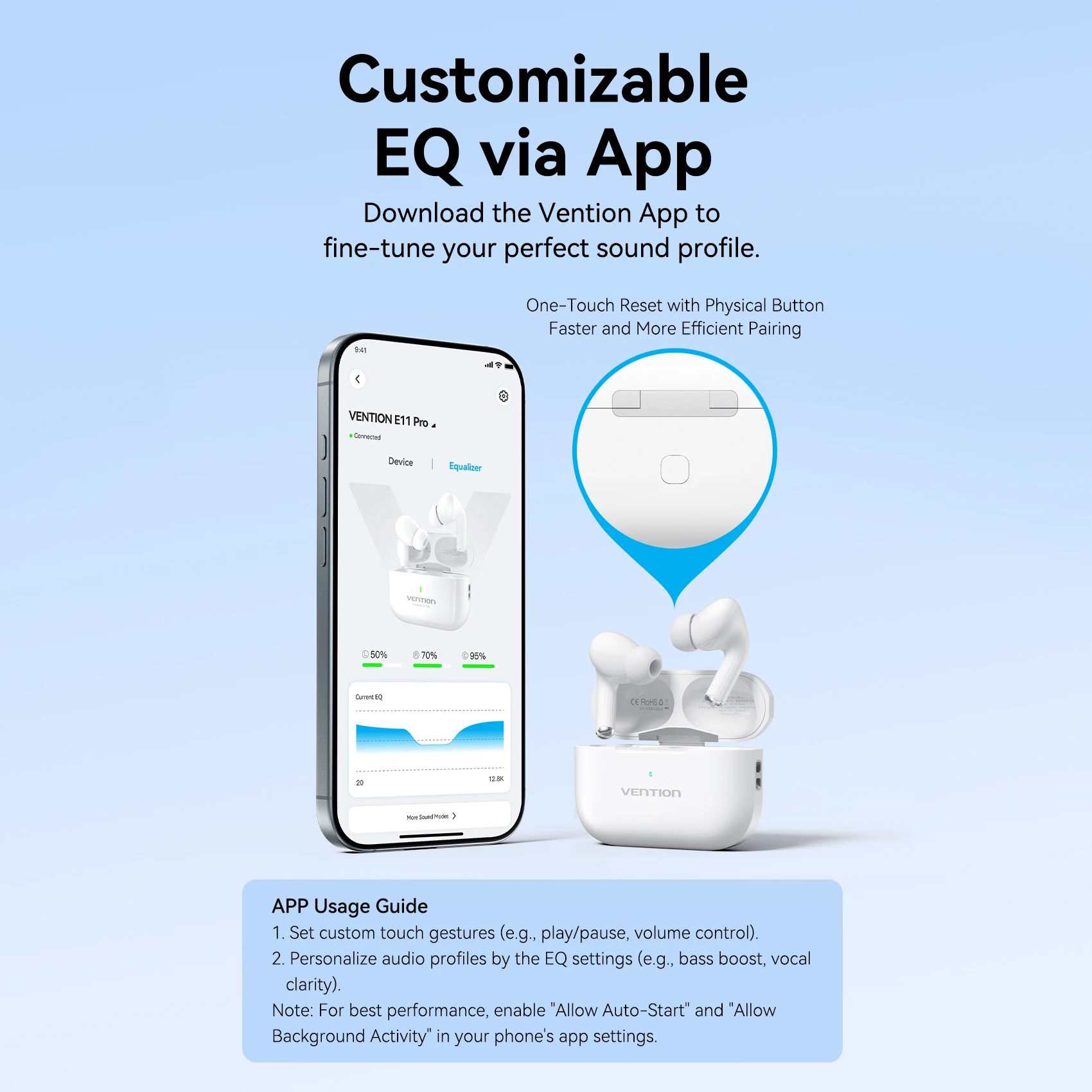Słuchawki VENTION E11Pro ANC TWS Bluetooth 6.0 Bezprzewodowe -25dB Hi-Res, przetworniki 13mm, 4 mikrofony, mocny bas, 30 godzin pracy, wykrywanie wewnątrz uszu — zdjęcie produktu 6